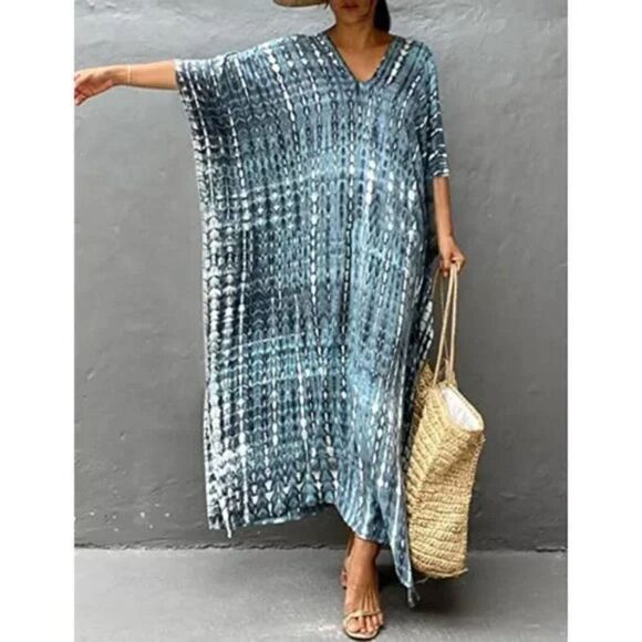 New Women Print Beach Kaftan Bathing Suit Cover Ups, blue Grey - Picture 4 of 6